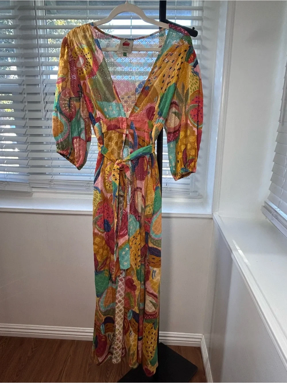FARM Rio Summery Salad Puff-Sleeve Eyelet Tie-Waist Midi Dress Coverup. - Picture 7 of 13